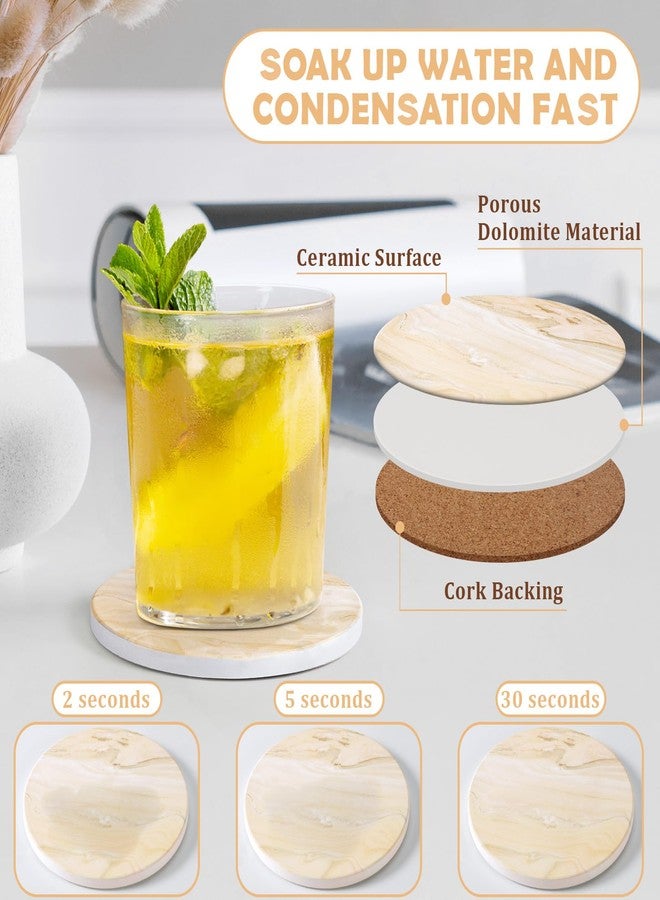 GOH DODD Coasters for Drinks Set of 4, Absorbent Marble Style Ceramic Coaster Cup Coasters Tabletop Protection Home Decor with Metal Holder for Housewarming Gifts Wedding Party, Beige, Round, 4 Inch - Image 3